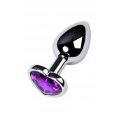 Серебристая коническая анальная пробка с фиолетовым кристаллом-сердечком - 7 см. - ToyFa - купить с доставкой в Сургуте