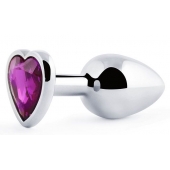 Серебристая анальная пробка с фиолетовым кристаллом-сердечком - 8 см. - Anal Jewelry Plug - купить с доставкой в Сургуте