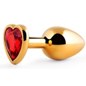 Золотистая анальная пробка с красным стразом-сердечком - 8 см. - Anal Jewelry Plug - купить с доставкой в Сургуте