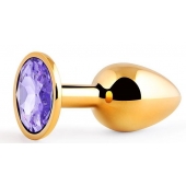 Золотистая анальная пробка с фиолетовым стразом - 7,2 см. - Anal Jewelry Plug - купить с доставкой в Сургуте