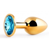 Золотистая анальная пробка с голубым стразом - 7,2 см. - Anal Jewelry Plug - купить с доставкой в Сургуте