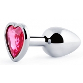 Серебристая анальная пробка с розовым кристаллом-сердечком - 7 см. - Anal Jewelry Plug - купить с доставкой в Сургуте