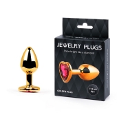 Золотистая анальная пробка с малиновым кристаллом-сердечком - 7 см. - Anal Jewelry Plug - купить с доставкой в Сургуте