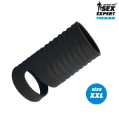 Черная открытая насадка на пенис с кольцом для мошонки XXL-size - 9,4 см. - Sex Expert - в Сургуте купить с доставкой