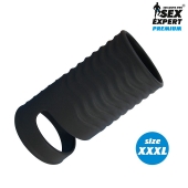 Черная открытая насадка на пенис с кольцом для мошонки XXXL-size - 9,9 см. - Sex Expert - в Сургуте купить с доставкой