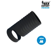 Черная открытая насадка на пенис с кольцом для мошонки size M - 7,9 см. - Sex Expert - в Сургуте купить с доставкой