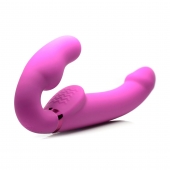 Розовый безремневой страпон с вибрацией и функцией расширения Inflatable Ergo-Fit Strapless Strap-On - XR Brands - купить с доставкой в Сургуте