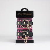 Черные кожаные наручники с розовой строчкой - Crazy Handmade - купить с доставкой в Сургуте