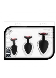 Набор черных анальных пробок с красным кристаллом-сердечком Bling Plugs Training Kit - Blush Novelties - купить с доставкой в Сургуте