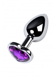 Серебристая коническая анальная пробка с фиолетовым кристаллом-сердечком - 7 см. - ToyFa - купить с доставкой в Сургуте