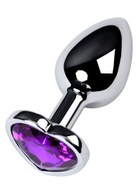 Серебристая коническая анальная пробка с фиолетовым кристаллом-сердечком - 7 см. - ToyFa - купить с доставкой в Сургуте