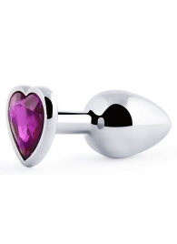Серебристая анальная пробка с фиолетовым кристаллом-сердечком - 8 см. - Anal Jewelry Plug - купить с доставкой в Сургуте