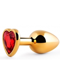 Золотистая анальная пробка с красным стразом-сердечком - 8 см. - Anal Jewelry Plug - купить с доставкой в Сургуте