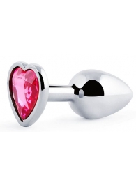 Серебристая анальная пробка с розовым кристаллом-сердечком - 7 см. - Anal Jewelry Plug - купить с доставкой в Сургуте