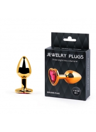 Золотистая анальная пробка с малиновым кристаллом-сердечком - 7 см. - Anal Jewelry Plug - купить с доставкой в Сургуте