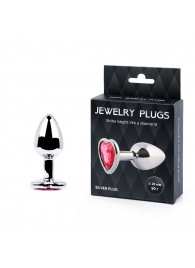 Серебристая анальная пробка с малиновым кристаллом-сердечком - 7 см. - Anal Jewelry Plug - купить с доставкой в Сургуте