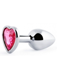 Серебристая анальная пробка с малиновым кристаллом-сердечком - 7 см. - Anal Jewelry Plug - купить с доставкой в Сургуте