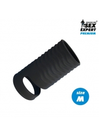 Черная открытая насадка на пенис с кольцом для мошонки size M - 7,9 см. - Sex Expert - в Сургуте купить с доставкой