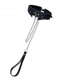 Черный кожаный ошейник-воротник с поводком - Pecado - купить с доставкой в Сургуте