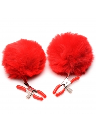 Красные зажимы на соски с помпонами Pom Pom - XR Brands - купить с доставкой в Сургуте