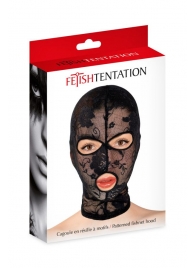 Черная кружевная маска на голову с отверстиями для глаз и рта - Fetish Tentation - купить с доставкой в Сургуте