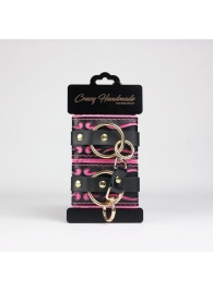 Черные кожаные наручники с розовой строчкой - Crazy Handmade - купить с доставкой в Сургуте