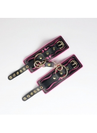 Черные кожаные наручники с розовой строчкой - Crazy Handmade - купить с доставкой в Сургуте