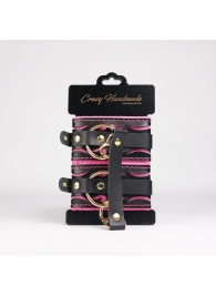 Черные кожаные оковы с розовой строчкой - Crazy Handmade - купить с доставкой в Сургуте