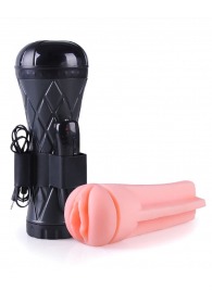 Телесный мастурбатор-вагина в черной колбе с вибрацией - Boys of Toys - в Сургуте купить с доставкой
