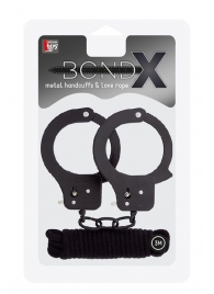 Чёрные наручники из листового металла в комплекте с веревкой BONDX METAL CUFFS LOVE ROPE SET - Dream Toys - купить с доставкой в Сургуте