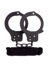 Чёрные наручники из листового металла в комплекте с веревкой BONDX METAL CUFFS LOVE ROPE SET - Dream Toys - купить с доставкой в Сургуте