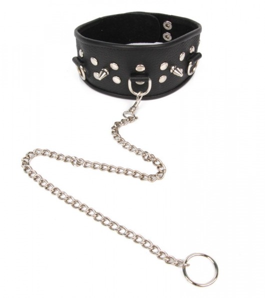 Черный ошейник с шипами и металлическим поводком-цепочкой - Notabu - купить с доставкой в Сургуте