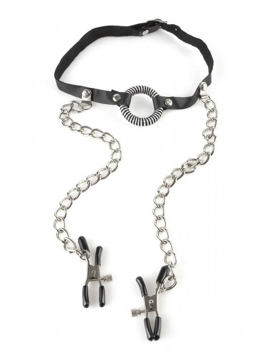 Кляп, соединенный цепочкой с клипсами для сосков - Pipedream - купить с доставкой в Сургуте