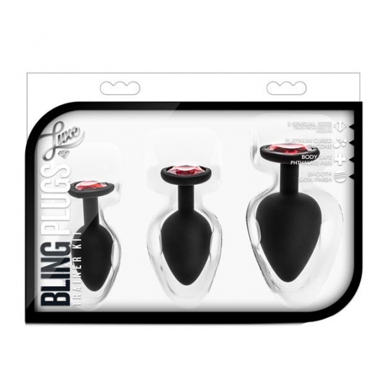 Набор черных анальных пробок с красным кристаллом-сердечком Bling Plugs Training Kit - Blush Novelties - купить с доставкой в Сургуте