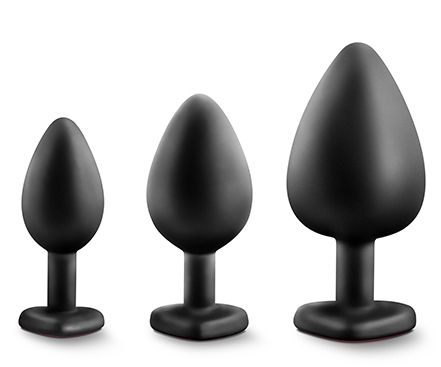 Набор черных анальных пробок с красным кристаллом-сердечком Bling Plugs Training Kit - Blush Novelties - купить с доставкой в Сургуте