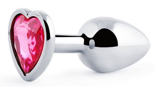 Серебристая анальная пробка с розовым кристаллом-сердечком - 7 см. - Anal Jewelry Plug - купить с доставкой в Сургуте