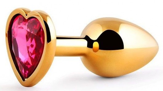 Золотистая анальная пробка с малиновым кристаллом-сердечком - 7 см. - Anal Jewelry Plug - купить с доставкой в Сургуте