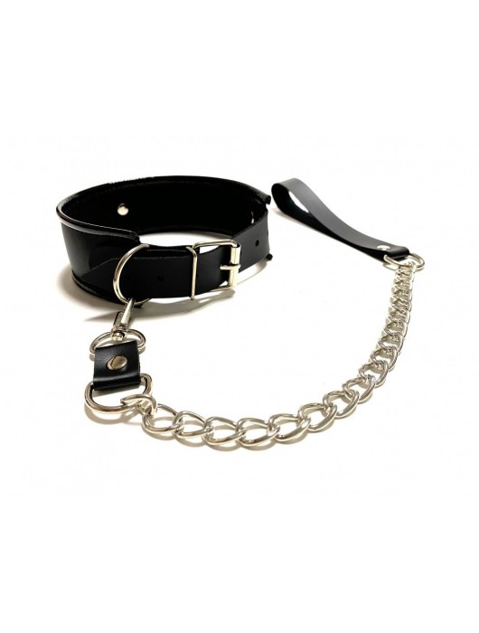 Черный ошейник с поводком из эко-кожи - БДСМ Арсенал - купить с доставкой в Сургуте