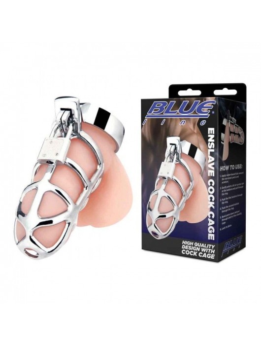 Серебристая металлическая клетка для члена с замком Enslave Cock Cage - BlueLine - купить с доставкой в Сургуте