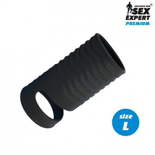 Черная открытая насадка на пенис с кольцом для мошонки L-size - 8,5 см. - Sex Expert - в Сургуте купить с доставкой