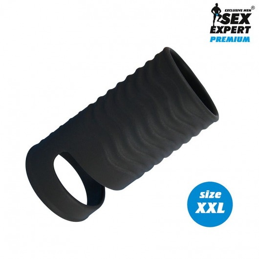 Черная открытая насадка на пенис с кольцом для мошонки XXL-size - 9,4 см. - Sex Expert - в Сургуте купить с доставкой