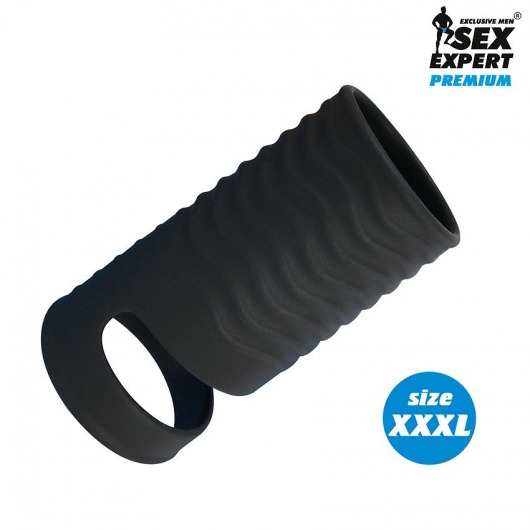 Черная открытая насадка на пенис с кольцом для мошонки XXXL-size - 9,9 см. - Sex Expert - в Сургуте купить с доставкой
