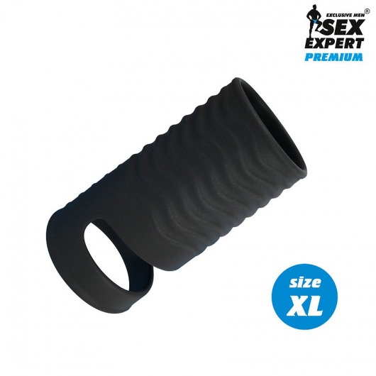 Черная открытая насадка на пенис с кольцом для мошонки XL-size - 8,9 см. - Sex Expert - в Сургуте купить с доставкой