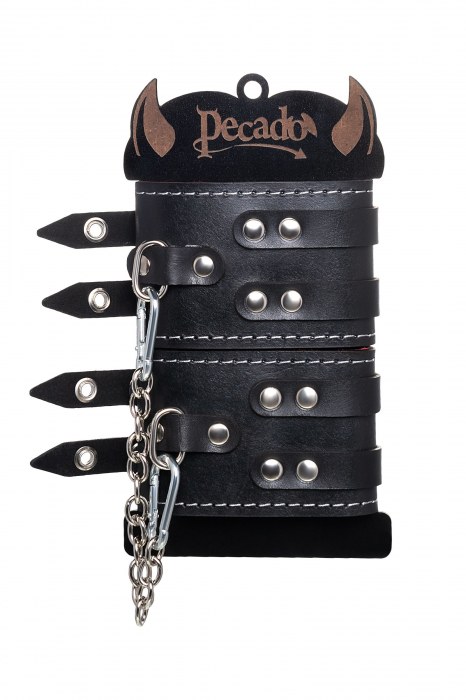 Черные кожаные оковы с двумя ремнями и красной подкладкой - Pecado - купить с доставкой в Сургуте