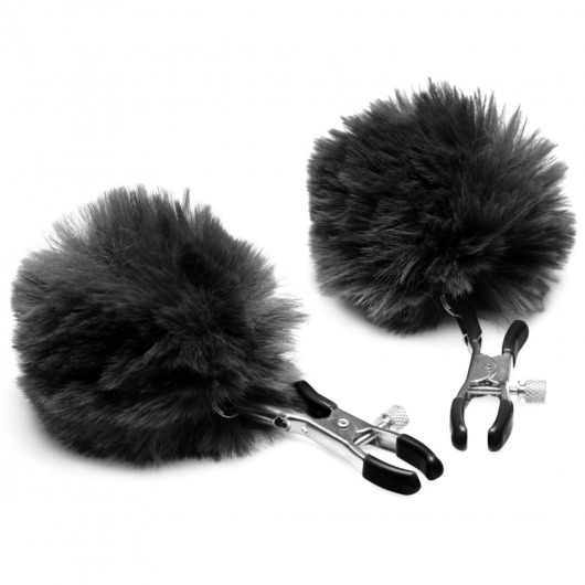Зажимы для сосков с черным помпонами Pom Pom Nipple Clamps - XR Brands - купить с доставкой в Сургуте