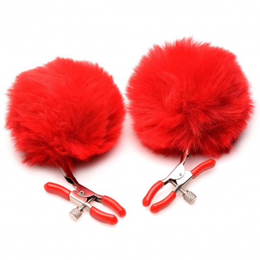 Красные зажимы на соски с помпонами Pom Pom - XR Brands - купить с доставкой в Сургуте