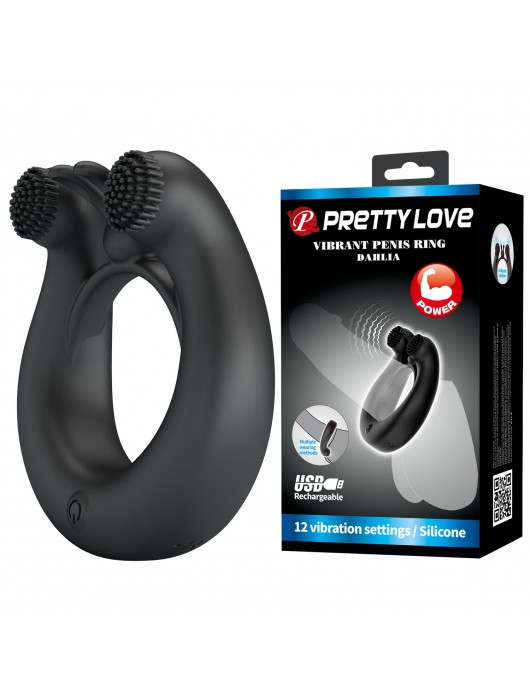 Черное эрекционное кольцо Dahlia с 2 стимулирующими щеточками - Baile - в Сургуте купить с доставкой