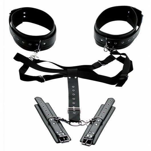 Черная бондажная система Acquire Easy Access Thigh Harness with Wrist Cuffs - XR Brands - купить с доставкой в Сургуте