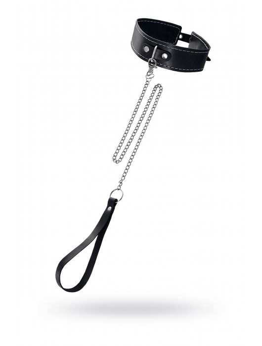 Кожаный двухслойный ошейник с белой строчкой и поводком - Pecado - купить с доставкой в Сургуте