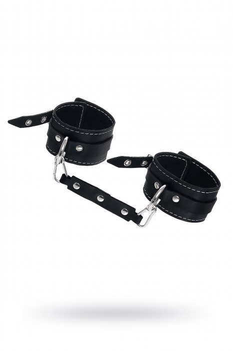 Черные двухслойные кожаные оковы с белой строчкой - Pecado - купить с доставкой в Сургуте